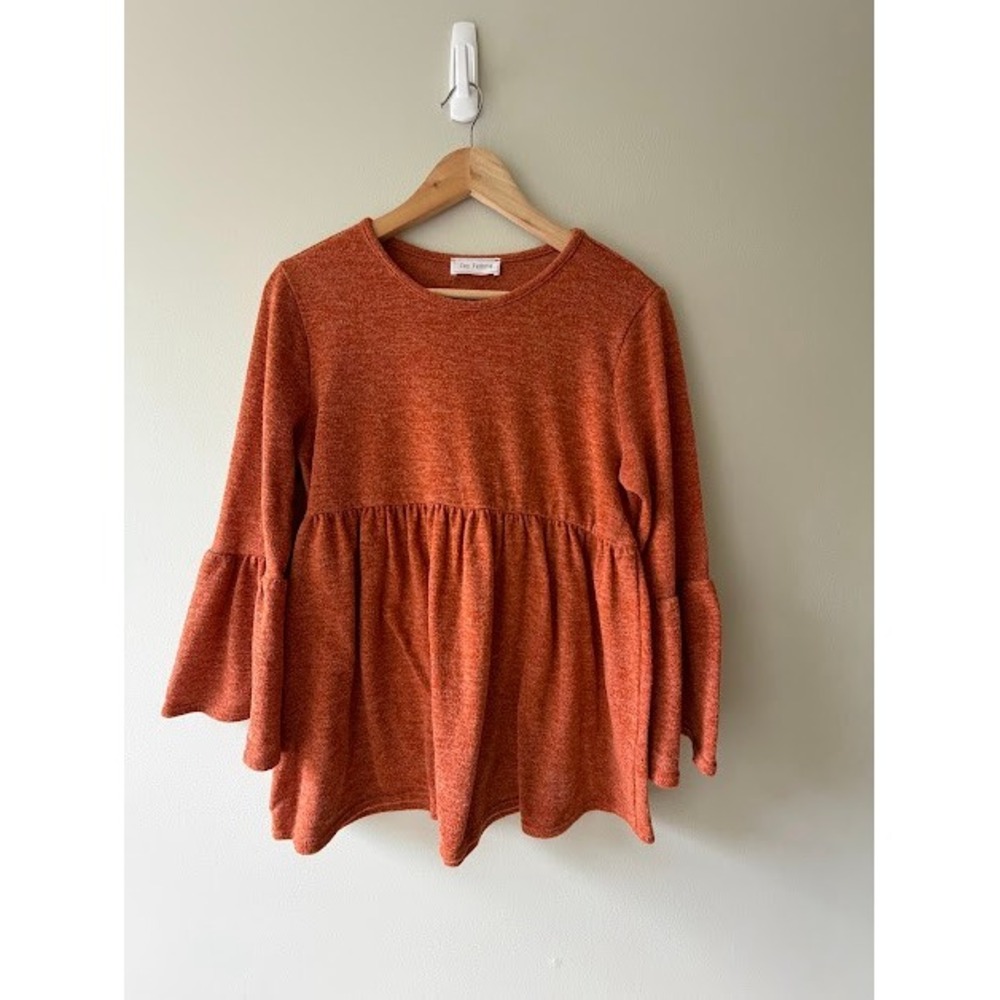 Boho Ces Femme Top Women L Orange Babydoll Bell Sleeve Heathered Knit Blouse